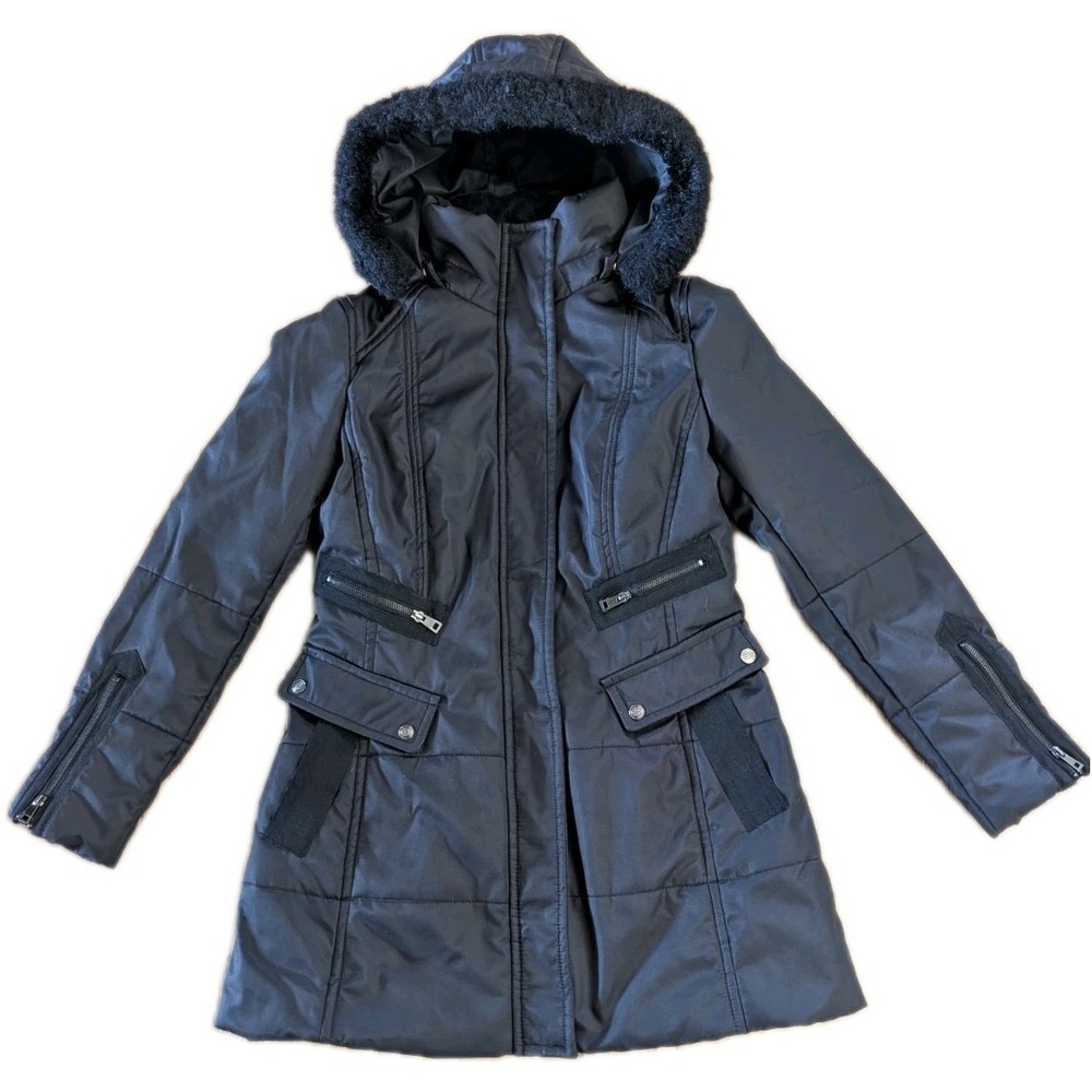 Jessica Simpson Zip Parka Coat Jacket Medium Black Lined FAUX Fur Hood Insulated